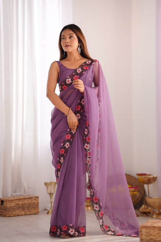 Lena Lilac Tissue Saree with Floral Embroidered Border Ready to Wear One Minute Saree