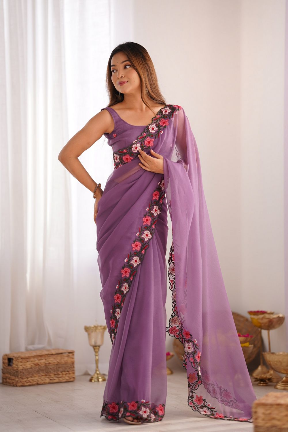 Lena Lilac Tissue Saree with Floral Embroidered Border Ready to Wear One Minute Saree