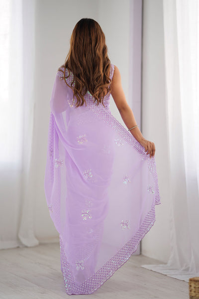 Tyra Lavender Georgette Net Embroidered Sequins One Minute Saree