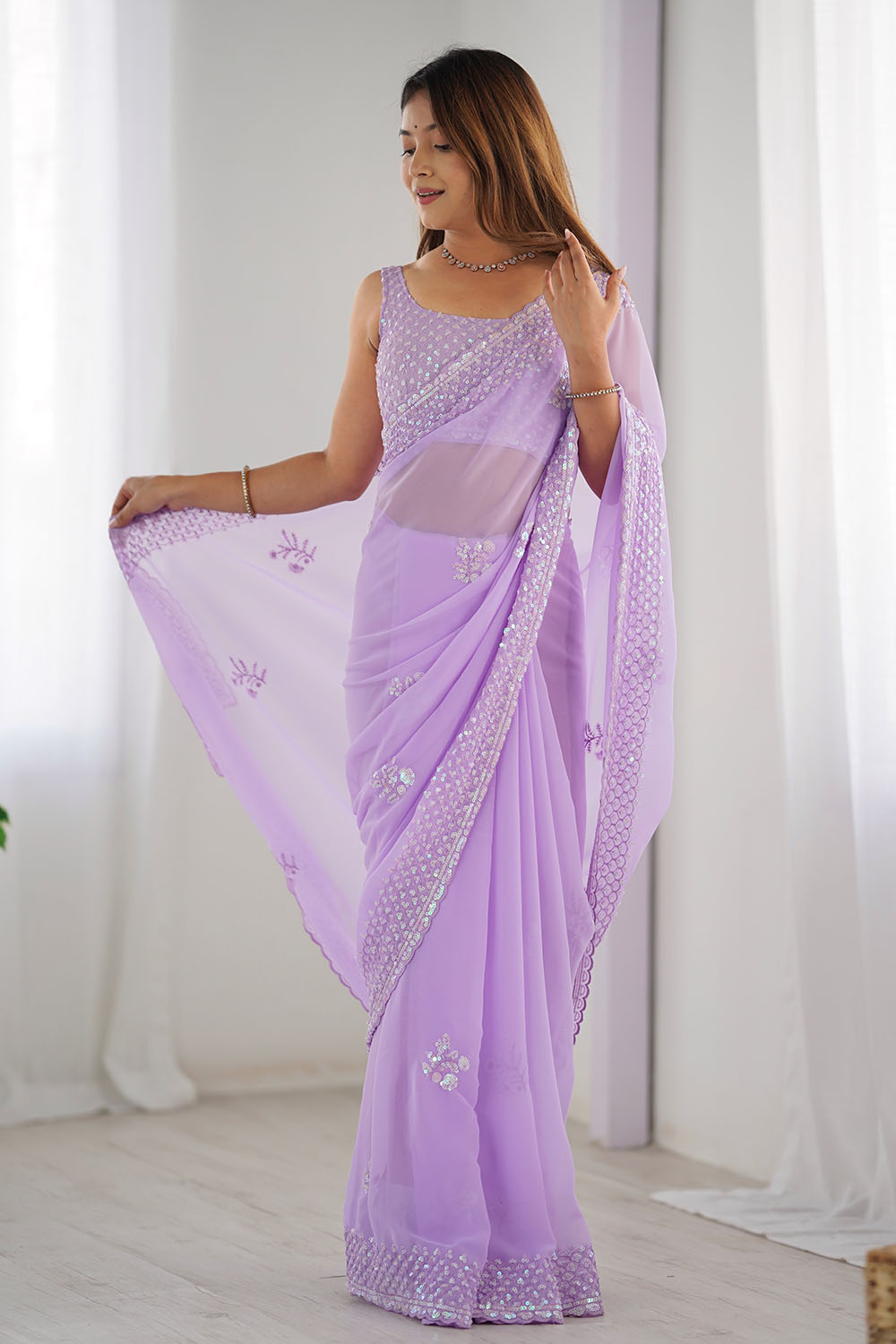 Tyra Lavender Georgette Net Embroidered Sequins One Minute Saree