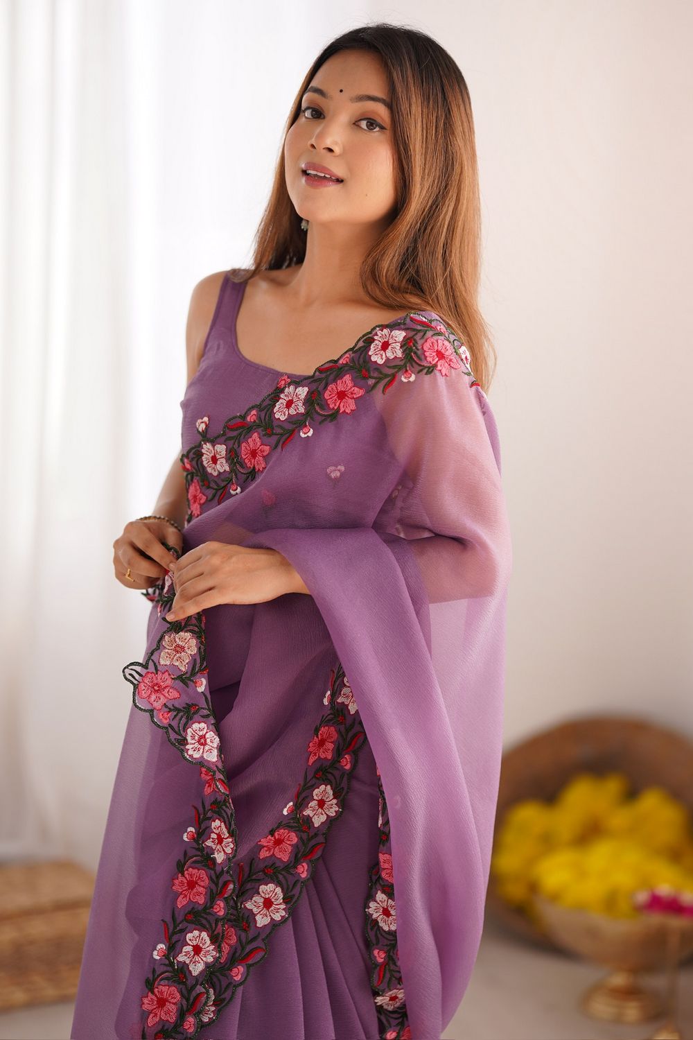 Lena Lilac Tissue Saree with Floral Embroidered Border Ready to Wear One Minute Saree