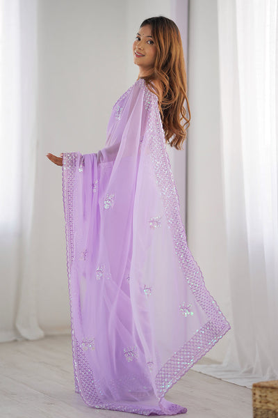 Tyra Lavender Georgette Net Embroidered Sequins One Minute Saree