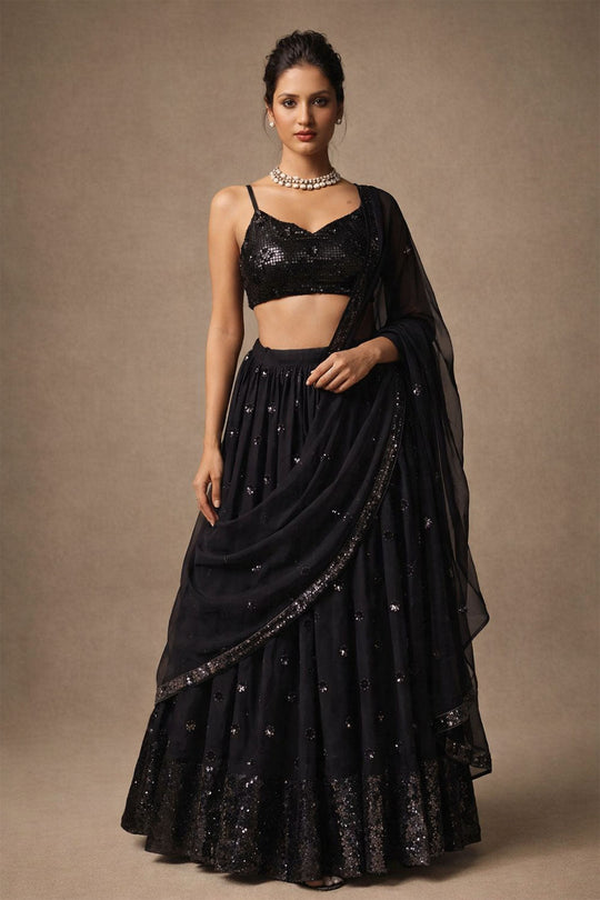 Selin Black Sequins Embroidered Georgette Partywear Lehenga Saree