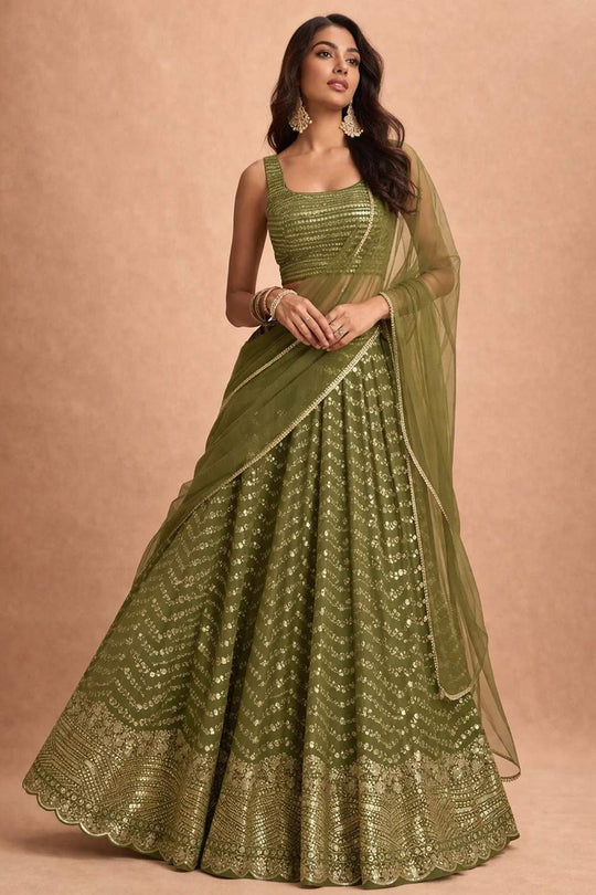 Charin Olive Green Zari Embroidered Georgette Lehenga Saree