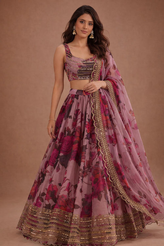 Safia Pink Floral Printed Organza Bridesmaid Lehenga Saree