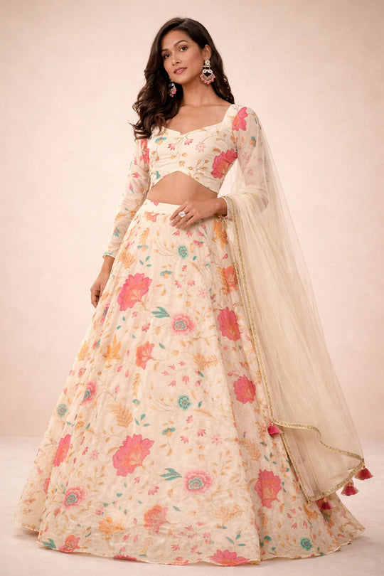 Florence Beige Floral Printed Organza Lehenga Saree