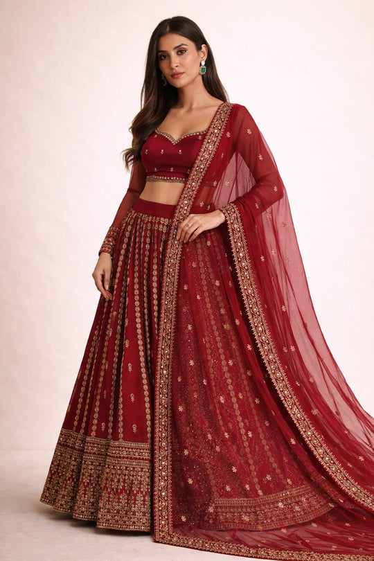 Laila Red Zari Embroidered Organza Wedding Lehenga Saree