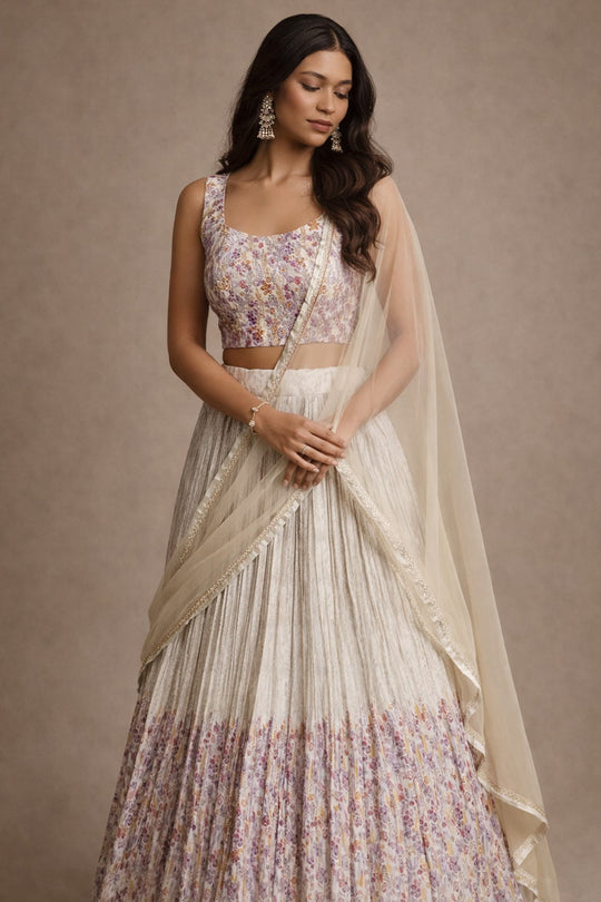 Carole Cream Floral Printed Georgette Lehenga Saree