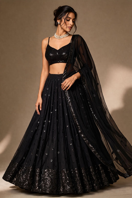 Selin Black Sequins Embroidered Georgette Partywear Lehenga Saree