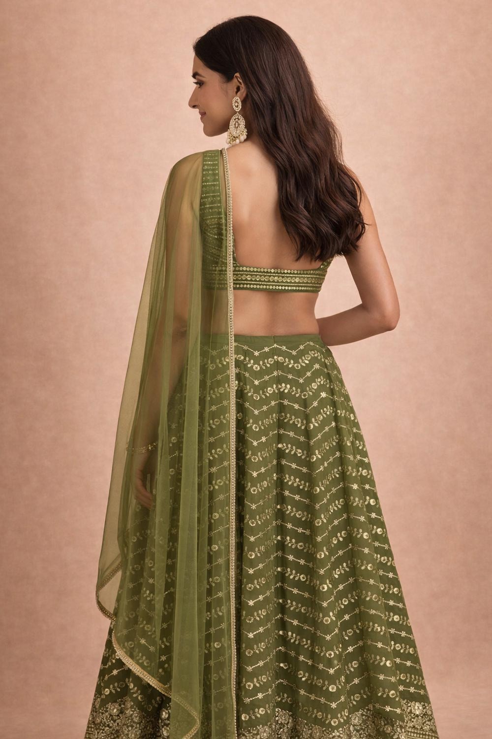 Charin Olive Green Zari Embroidered Georgette Lehenga Saree