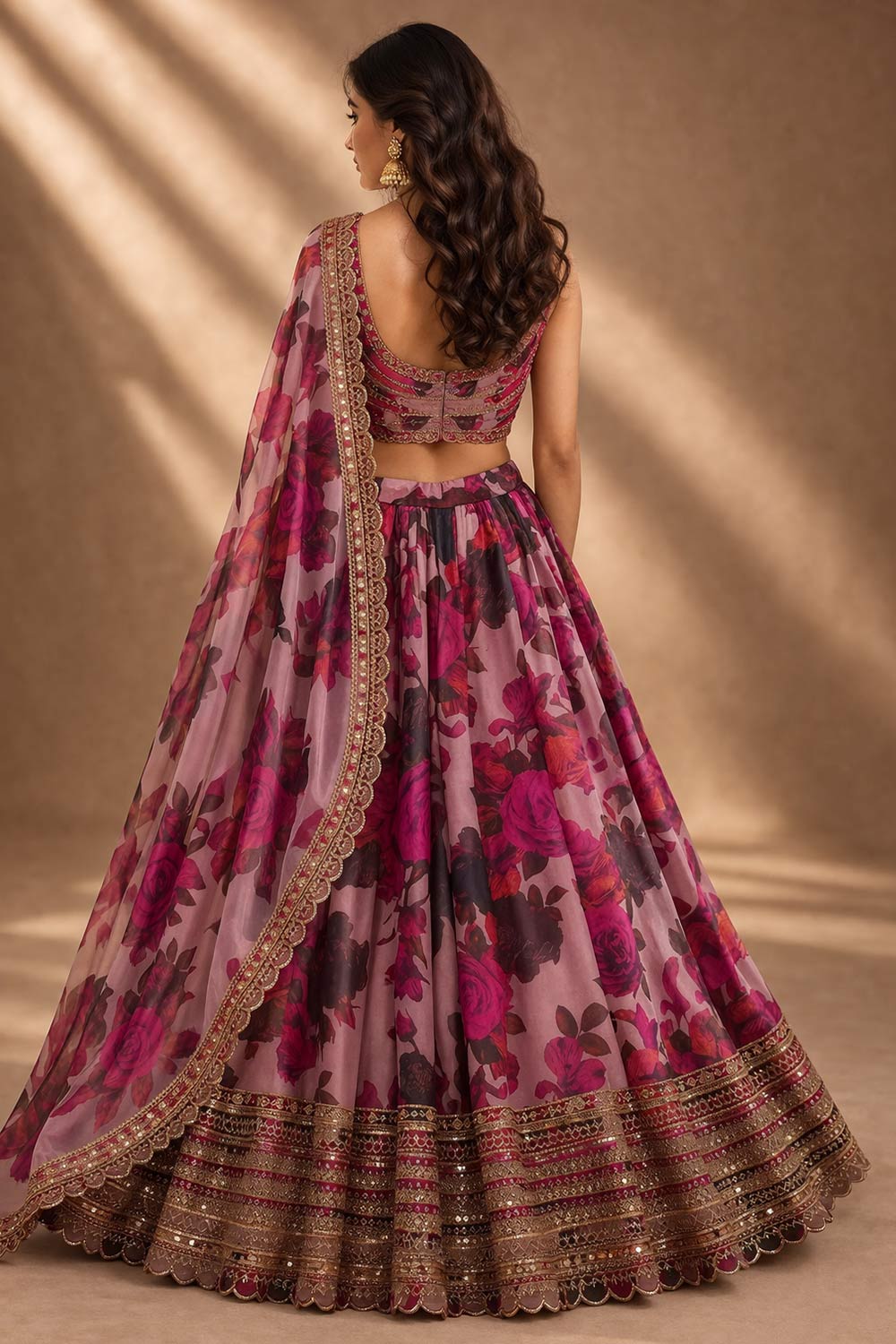 Safia Pink Floral Printed Organza Bridesmaid Lehenga Saree