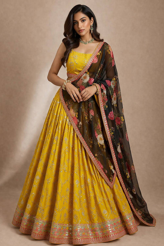 Lenna Mustard Yellow Sequin Embroidered Georgette Lehenga Saree