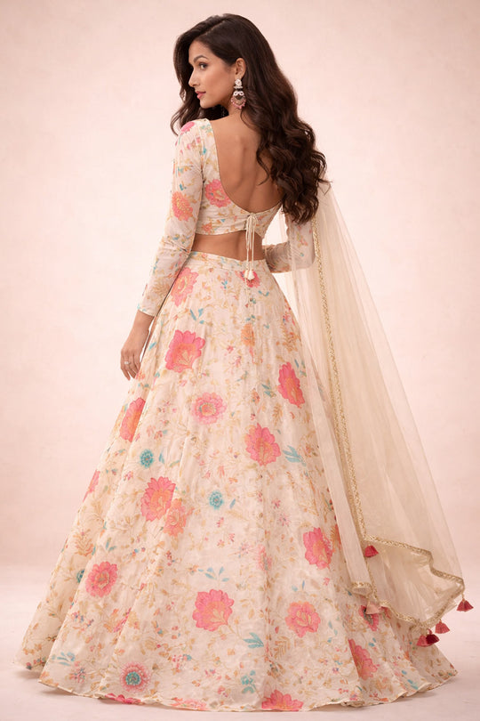 Florence Beige Floral Printed Organza Lehenga Saree