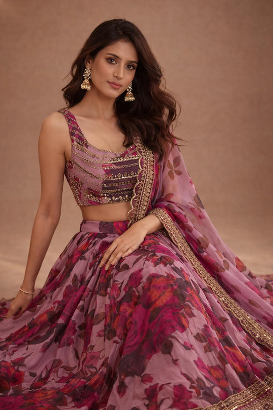 Safia Pink Floral Printed Organza Bridesmaid Lehenga Saree