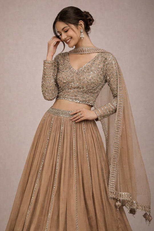 Zainab Beige Sequin Embroidered Georgette Lehenga Saree