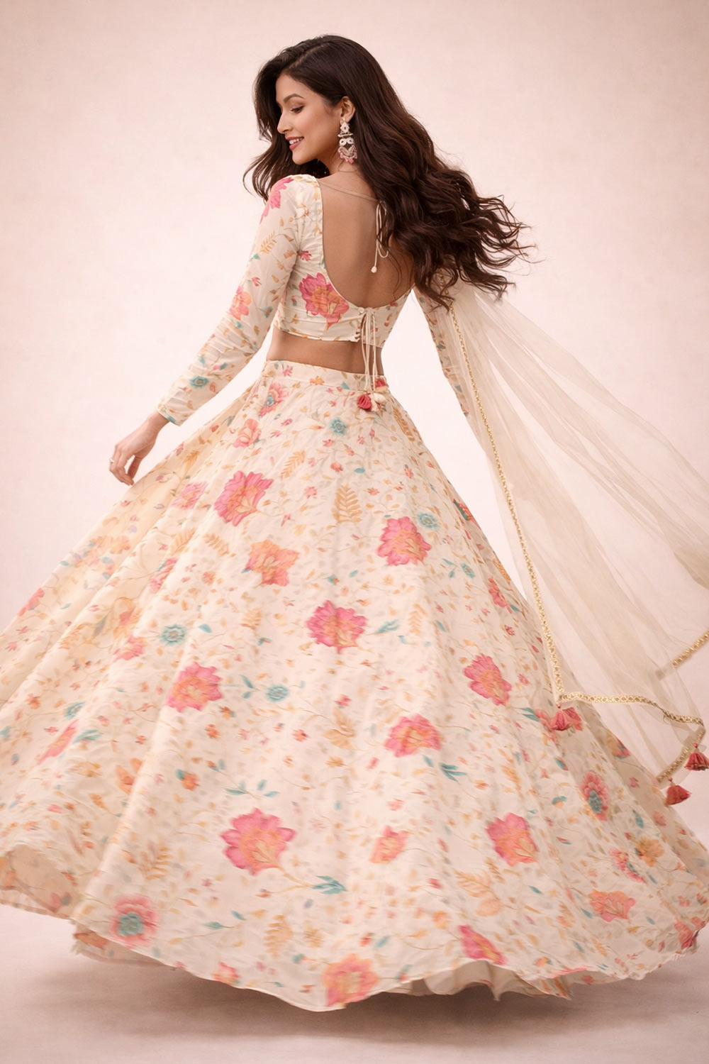 Florence Beige Floral Printed Organza Lehenga Saree