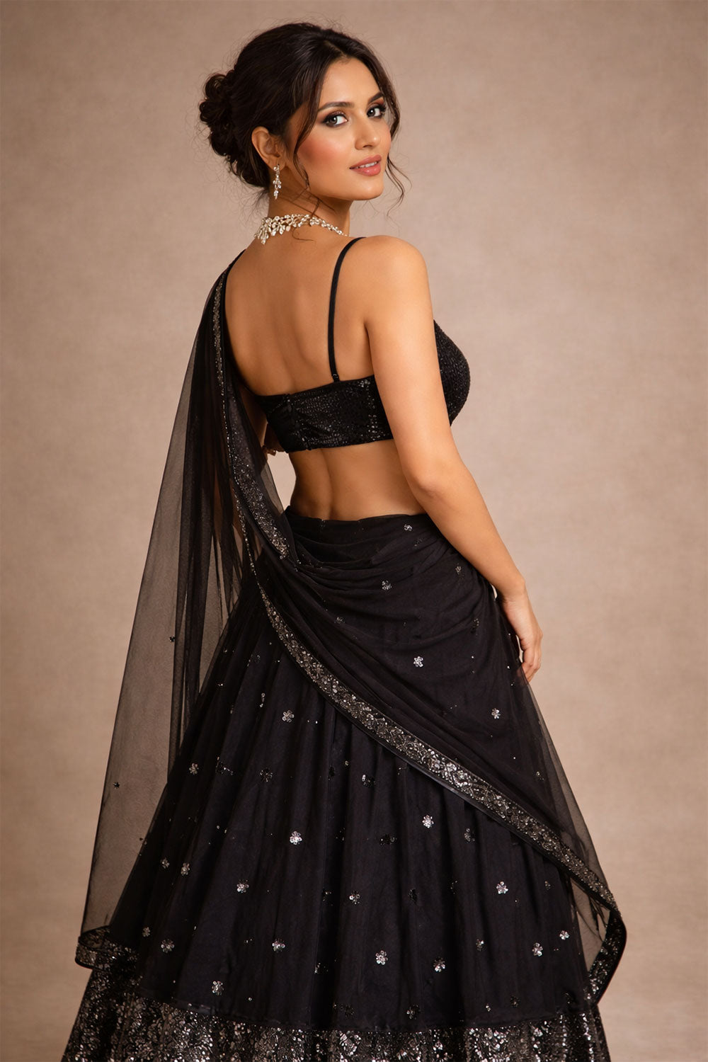 Selin Black Sequins Embroidered Georgette Partywear Lehenga Saree