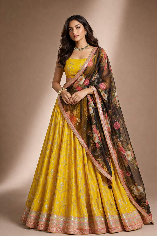 Lenna Mustard Yellow Sequin Embroidered Georgette Lehenga Saree