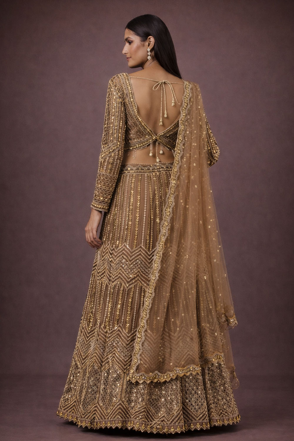 Tyla Taupe Net Sequin Embellished Ready To Wear Lehenga Saree