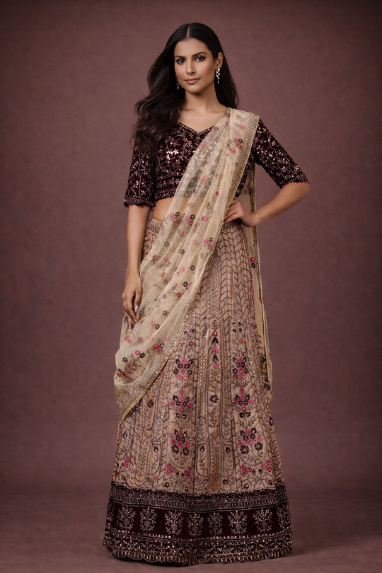 Beige Net and Velvet Embroidered Ready To Wear Lehenga Saree