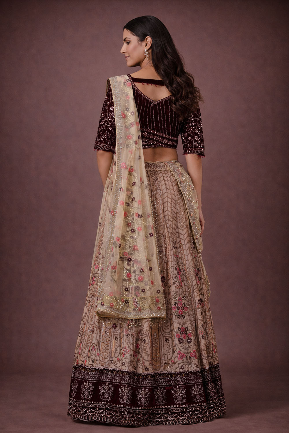 Beige Net and Velvet Embroidered Ready To Wear Lehenga Saree