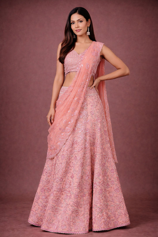 Cherise Peach Embroidered Art Silk Ready To Wear Lehenga Saree