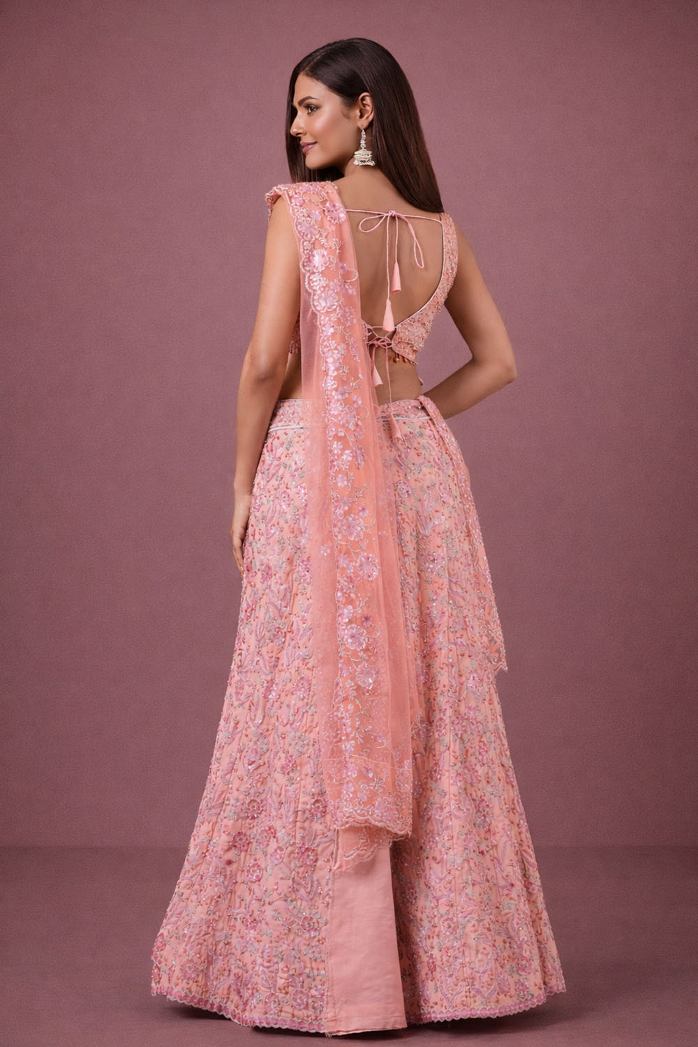 Cherise Peach Embroidered Art Silk Ready To Wear Lehenga Saree