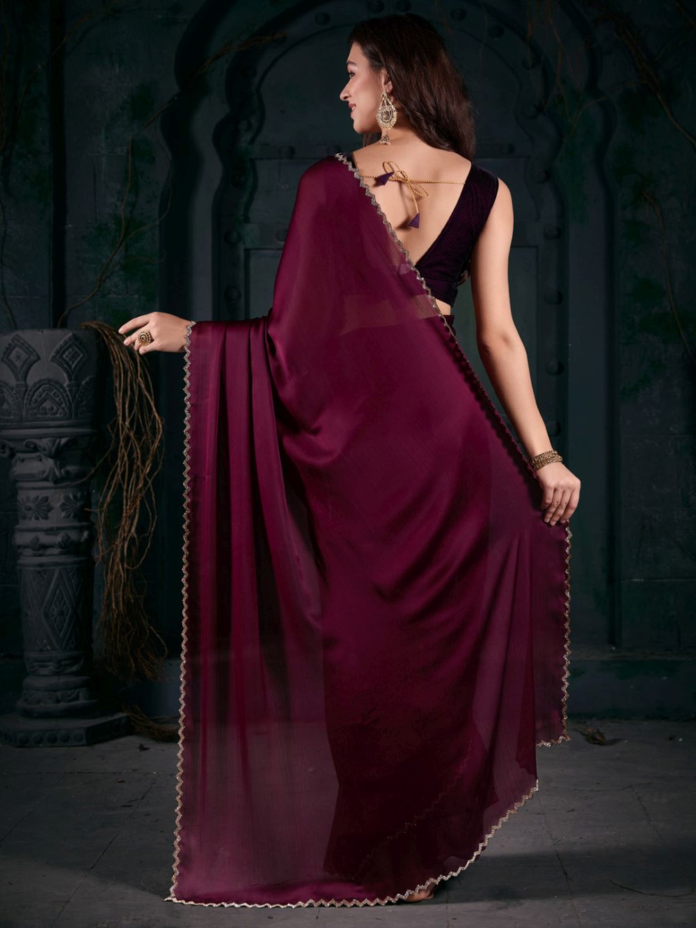 Mahek Magenta Chiffon Stone Embossed One Minute Saree