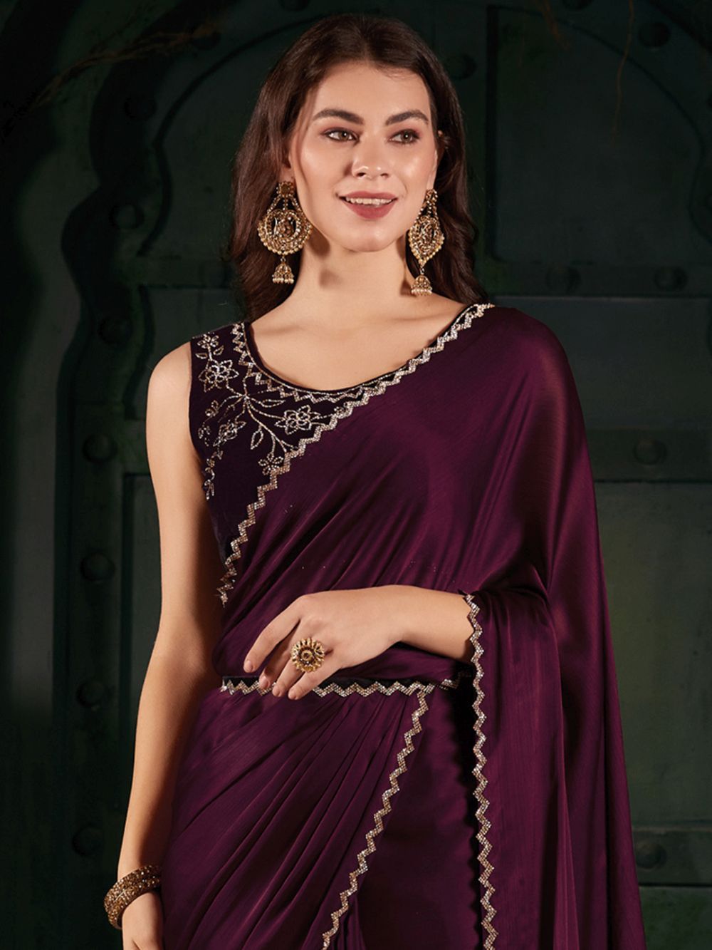 Mahek Magenta Chiffon Stone Embossed One Minute Saree