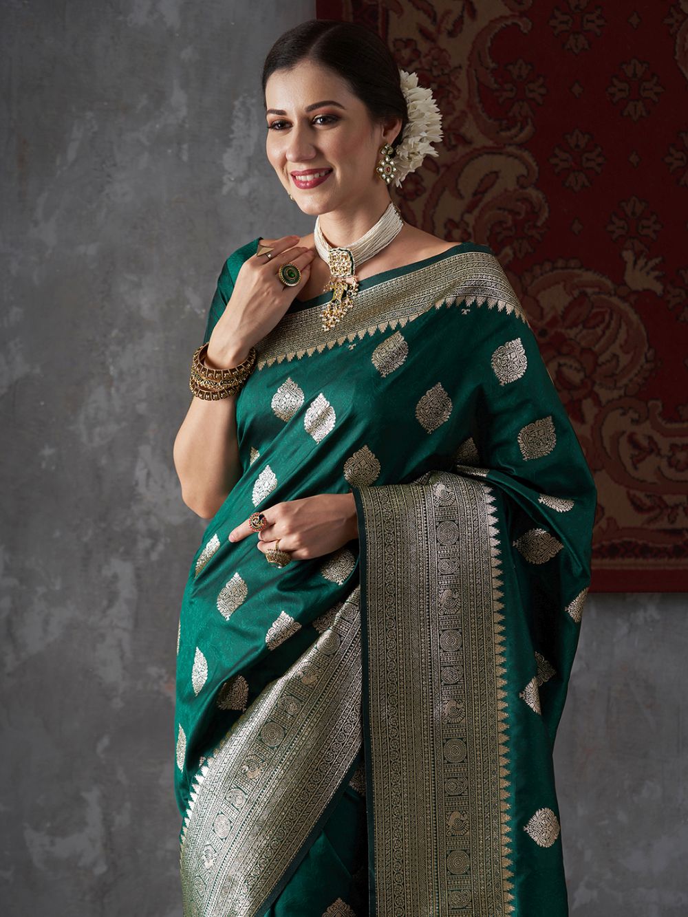 Mitra Green Silk Printed One Minute Saree