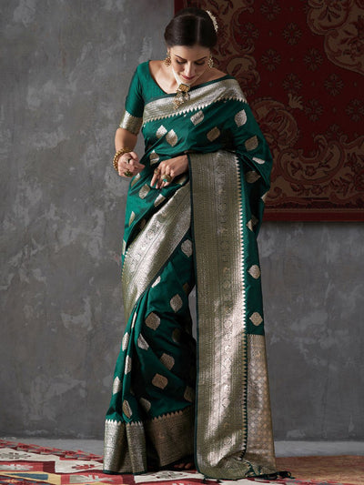 Mitra Green Silk Printed One Minute Saree