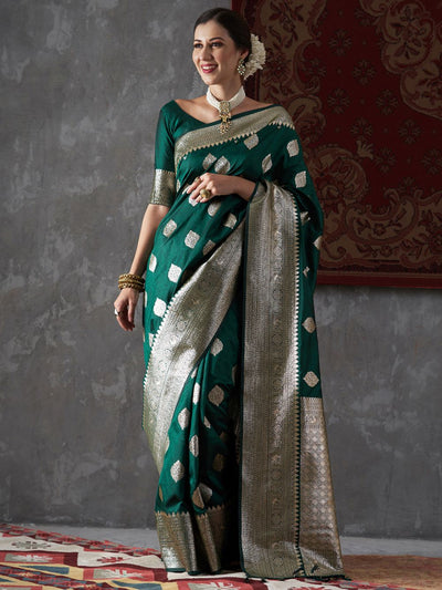 Mitra Green Silk Printed One Minute Saree