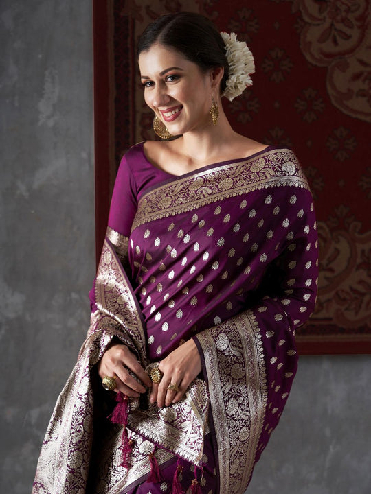 Mitra Violet Silk Printed One Minute Saree
