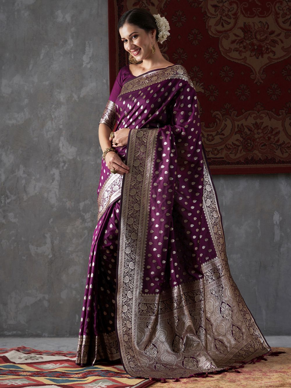 Mitra Violet Silk Printed One Minute Saree