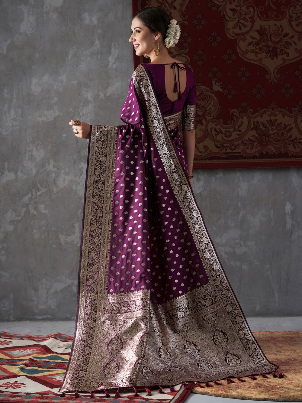 Mitra Violet Silk Printed One Minute Saree