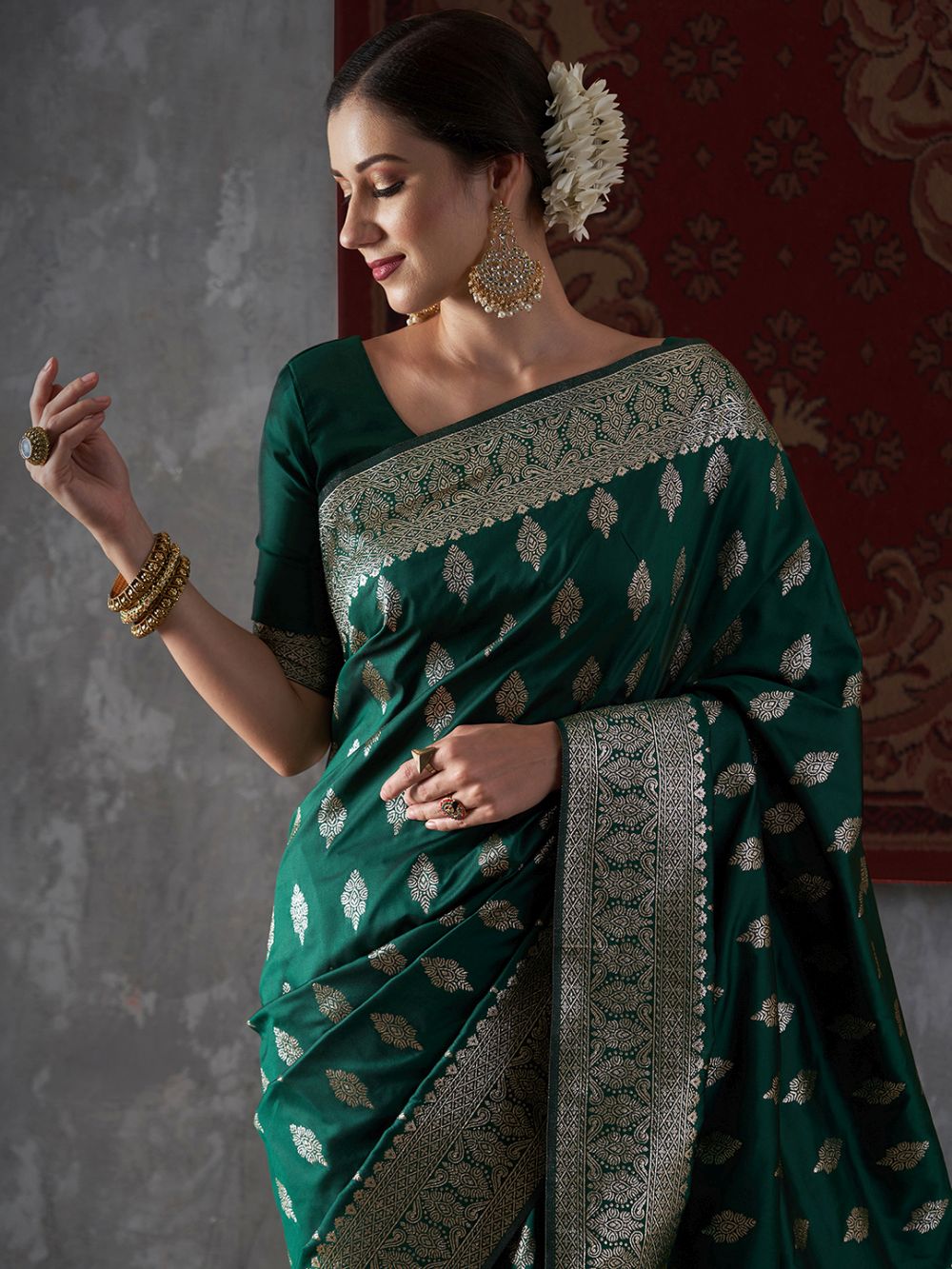 Mahi Emerald Green Silk Printed One Minute Saree