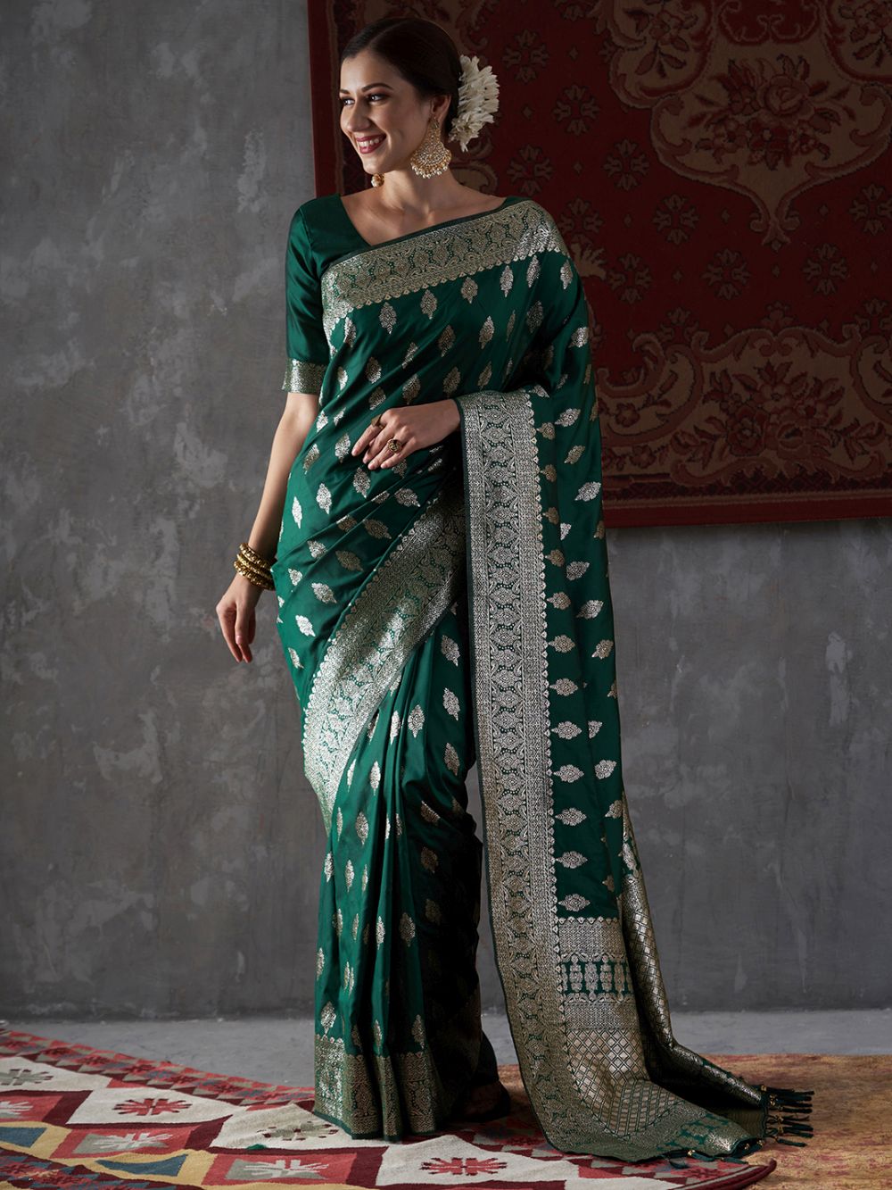 Mahi Emerald Green Silk Printed One Minute Saree