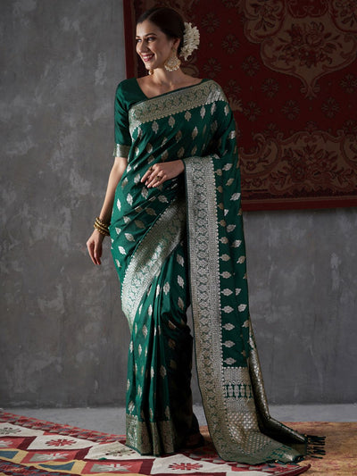 Mahi Emerald Green Silk Printed One Minute Saree
