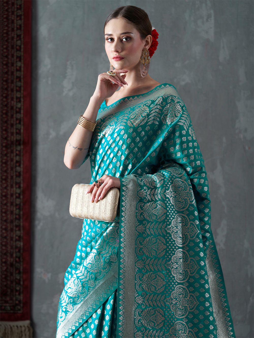 Mahi Turquoise Blue Silk Printed One Minute Saree