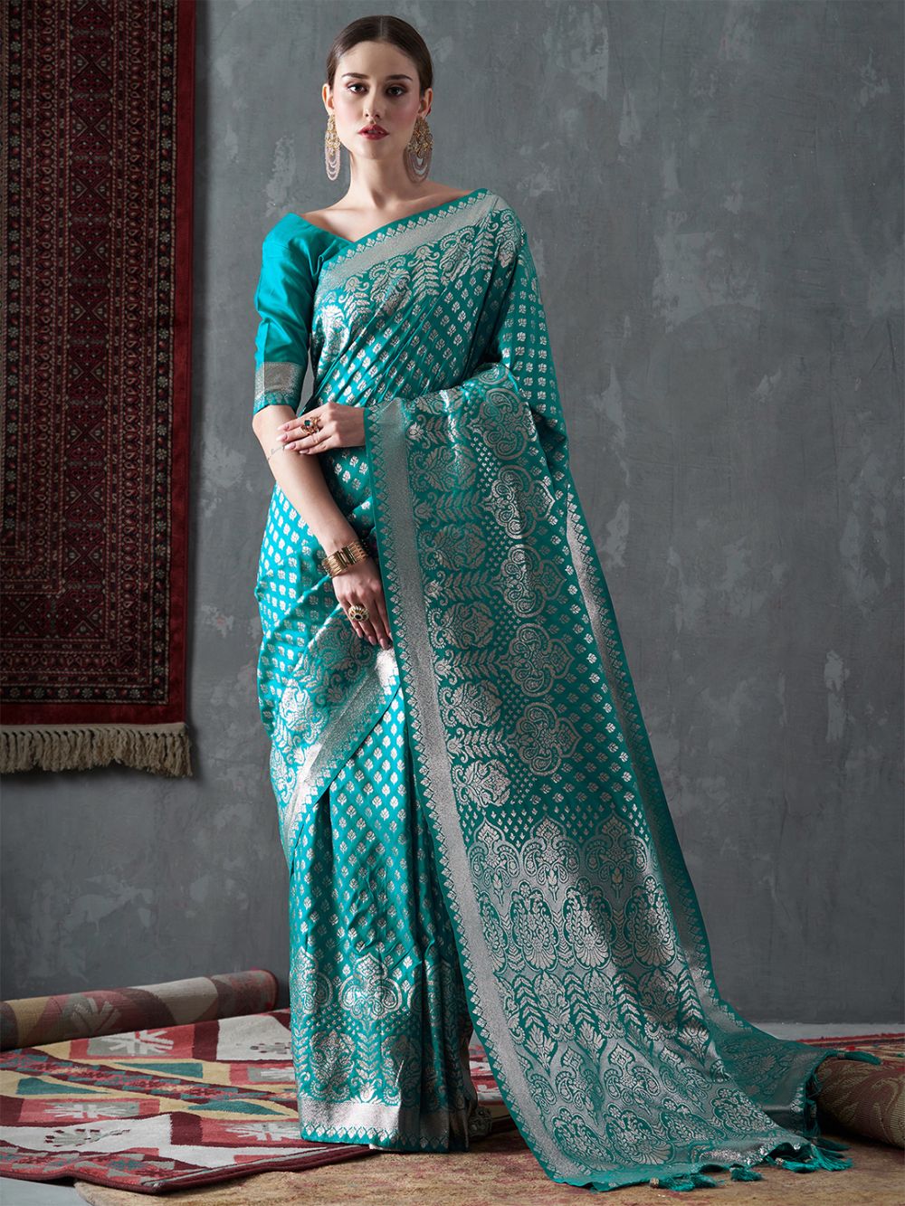 Mahi Turquoise Blue Silk Printed One Minute Saree