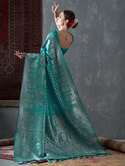 Mahi Turquoise Blue Silk Printed One Minute Saree