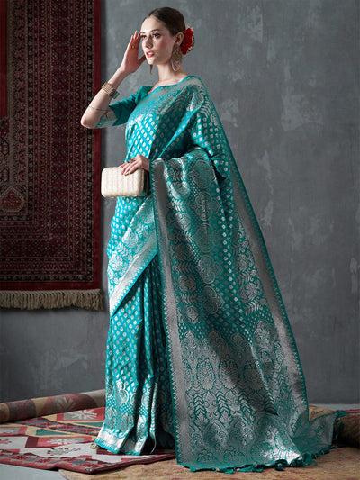 Mahi Turquoise Blue Silk Printed One Minute Saree