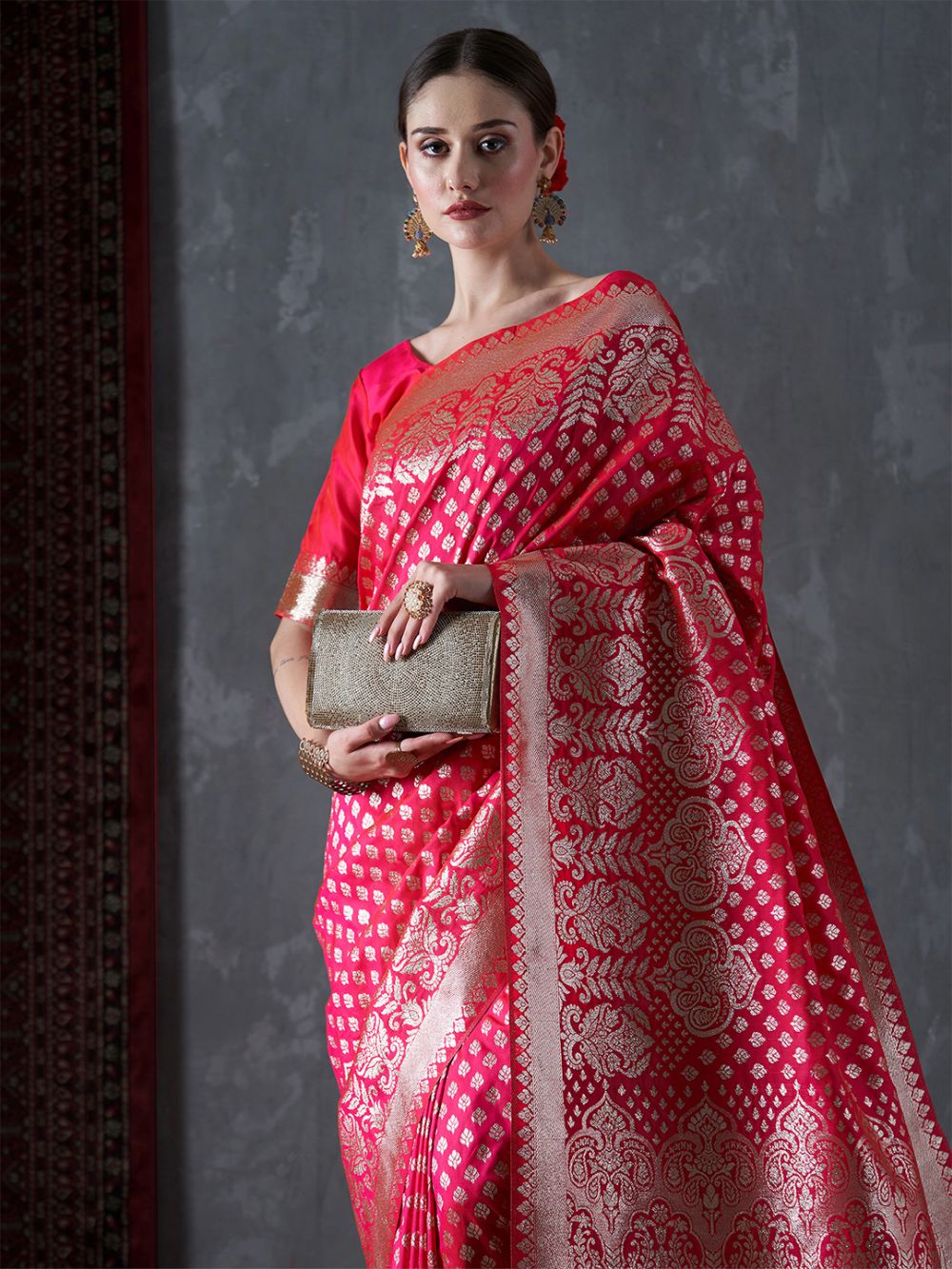 Mahi Pink Silk Printed One Minute Saree