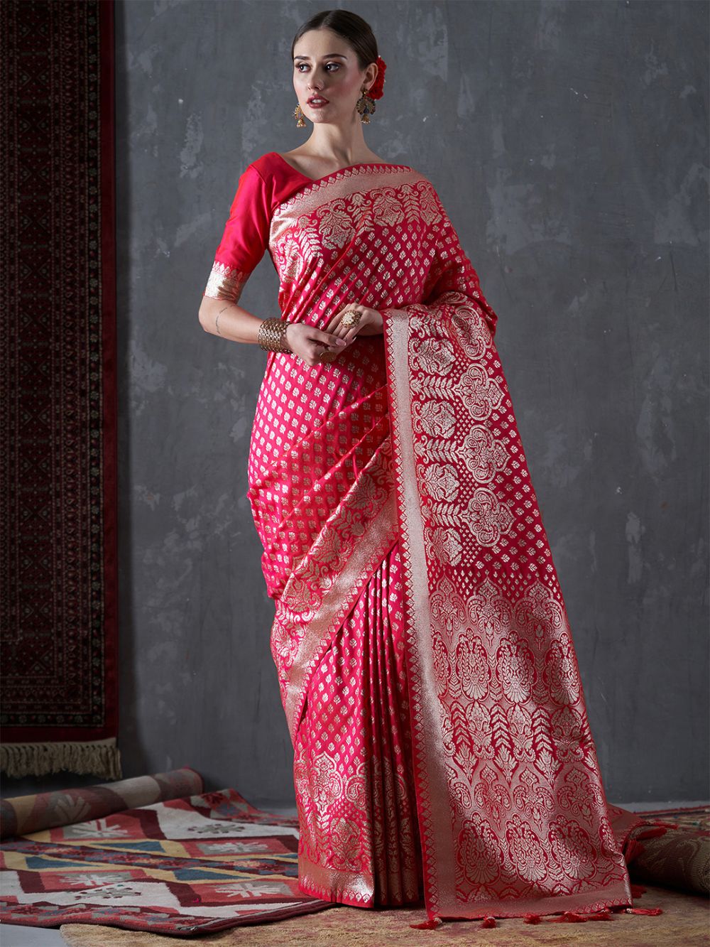Mahi Pink Silk Printed One Minute Saree