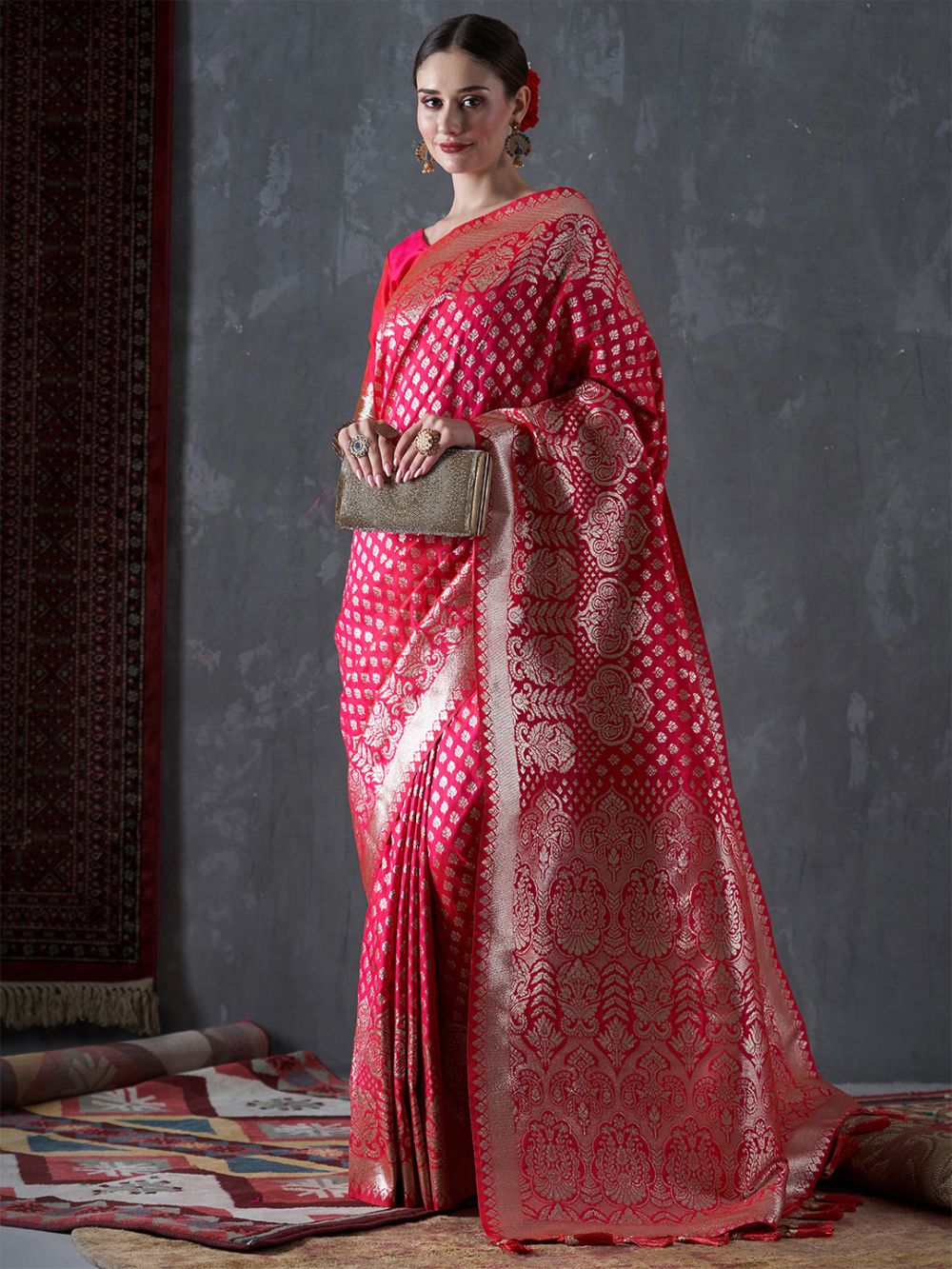 Mahi Pink Silk Printed One Minute Saree