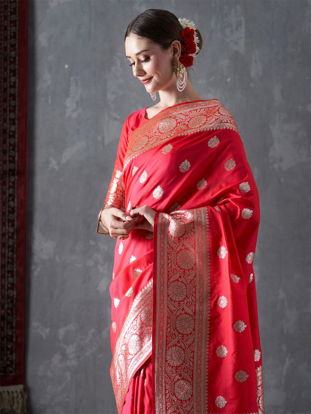 Mahi Bright Red Silk Printed One Minute Saree