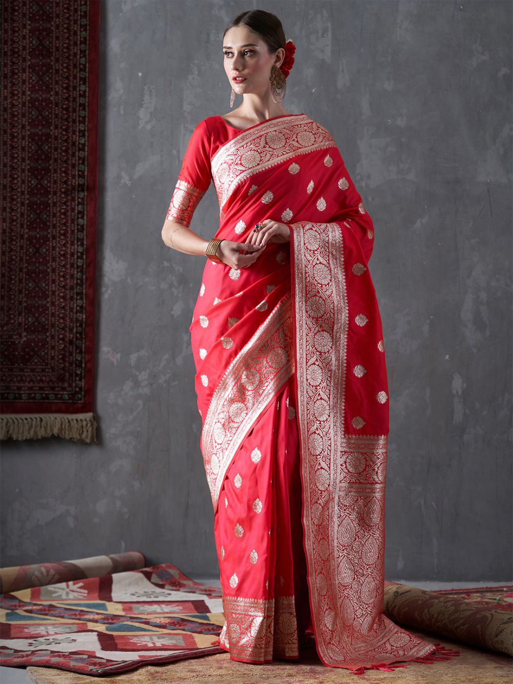 Mahi Bright Red Silk Printed One Minute Saree