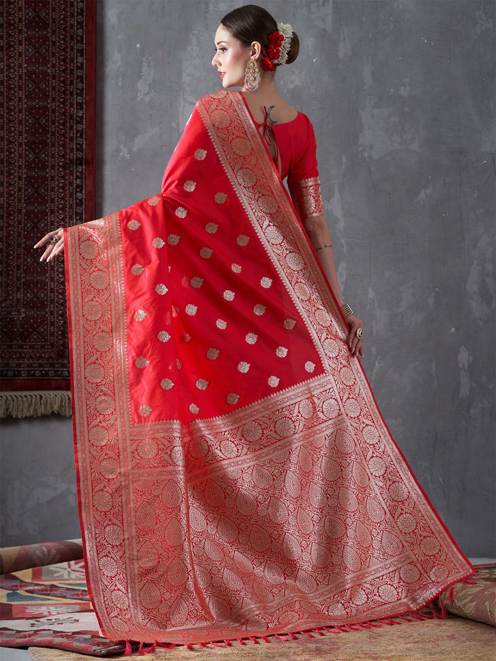 Mahi Bright Red Silk Printed One Minute Saree