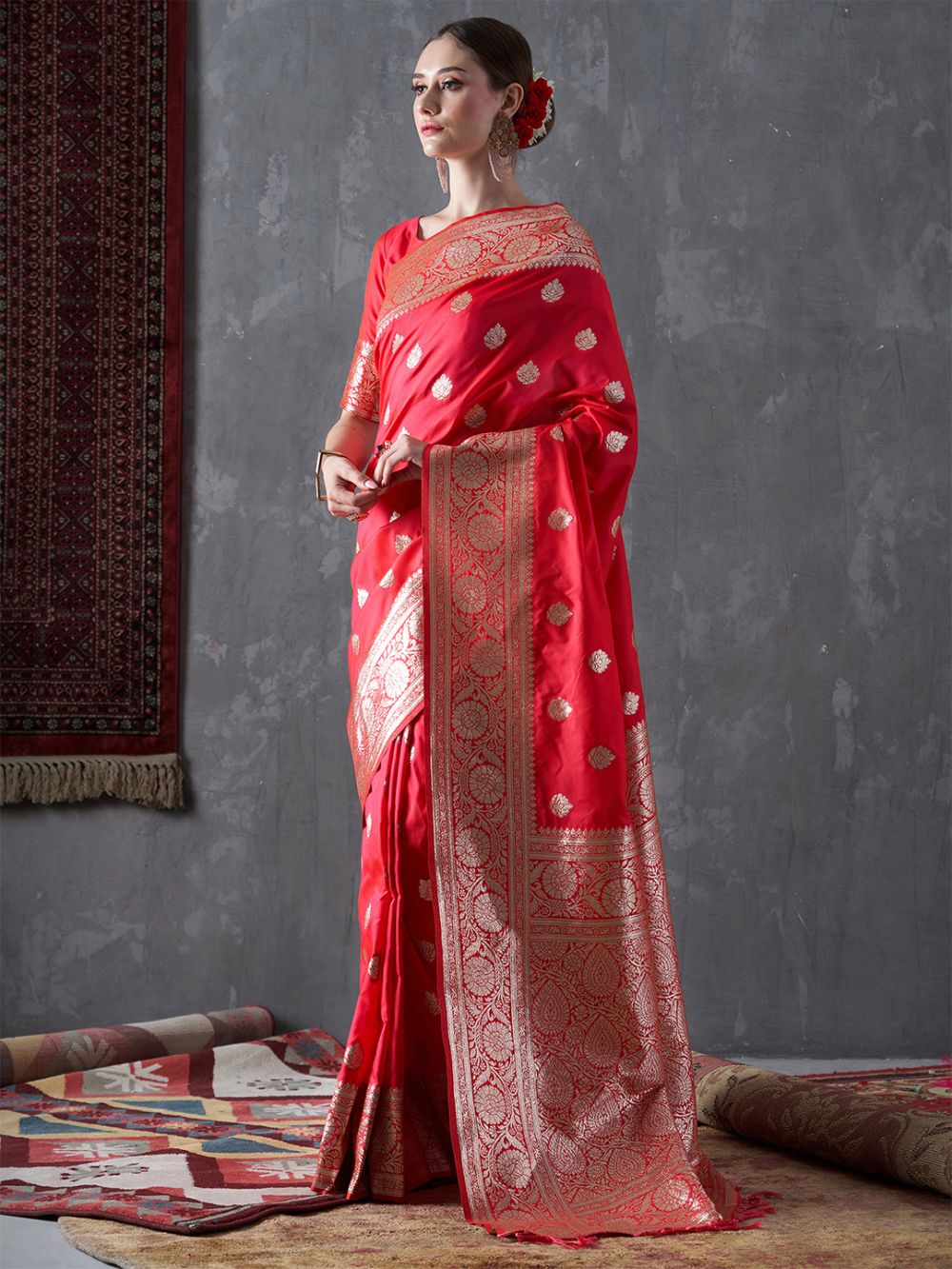 Mahi Bright Red Silk Printed One Minute Saree