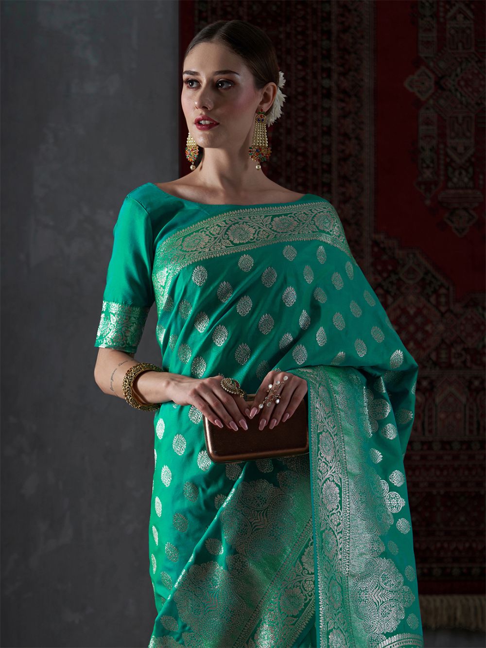 Mahi Turquoise Silk Printed One Minute Saree